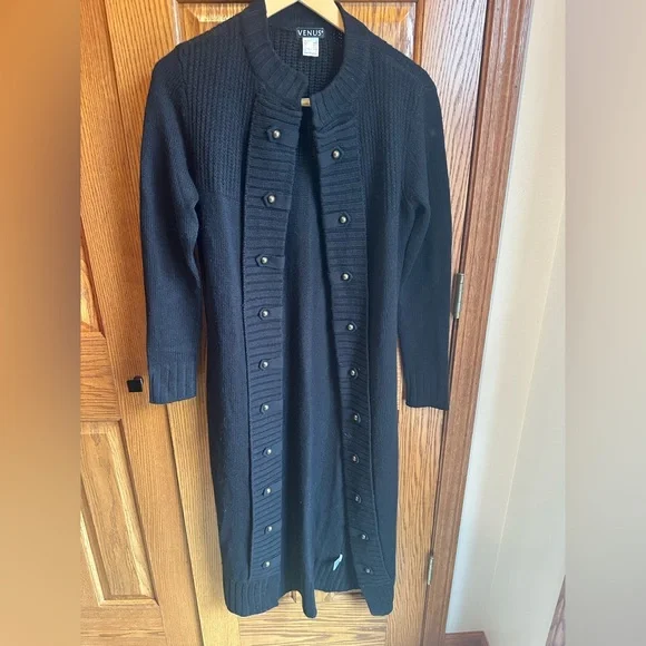 Venus Long Duster Cardigan Sweater Size Small Gold Button Captain Military - Picture 1 of 8